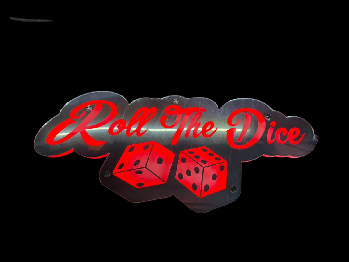 Roll the Dice LED spiegel achterwand 70x30 cm, rood verlicht met dobbelstenen